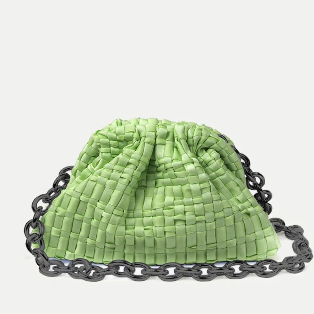 Veronica Beard Woven Lime Green Clutch with Gunmetal Chain